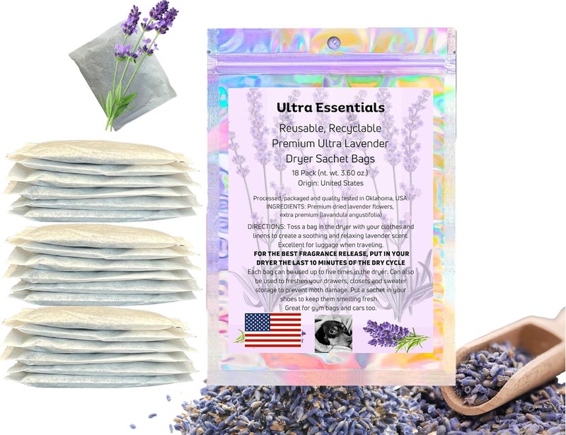 Ultra Essentials Lavender Sachet for Dryer, Closet & Drawer Fragrance, Freshens Laundry, Naturally Scented Sachets for Shoes, Gym Bags, Cars & Sweater Storage w/Premium Extra Flowers, Grown in USA (18 Pack) - Image 1
